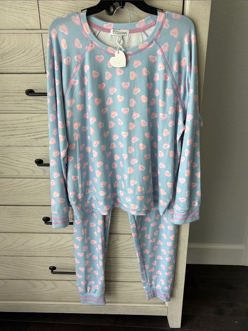 PJ Salvage Light Blue Pajama Set with Pink Hearts